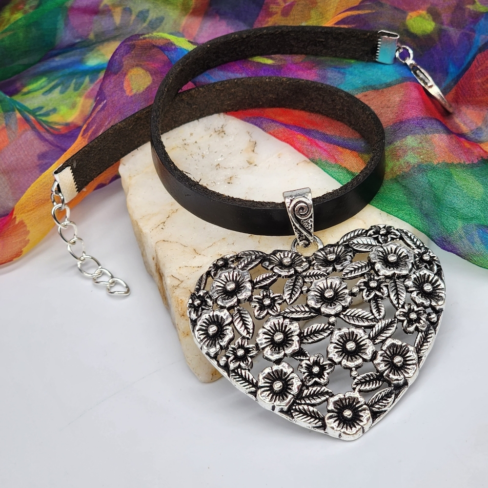 Lrge Silver Heart Pendant Boho Genuine Black Leather Floral Filigree